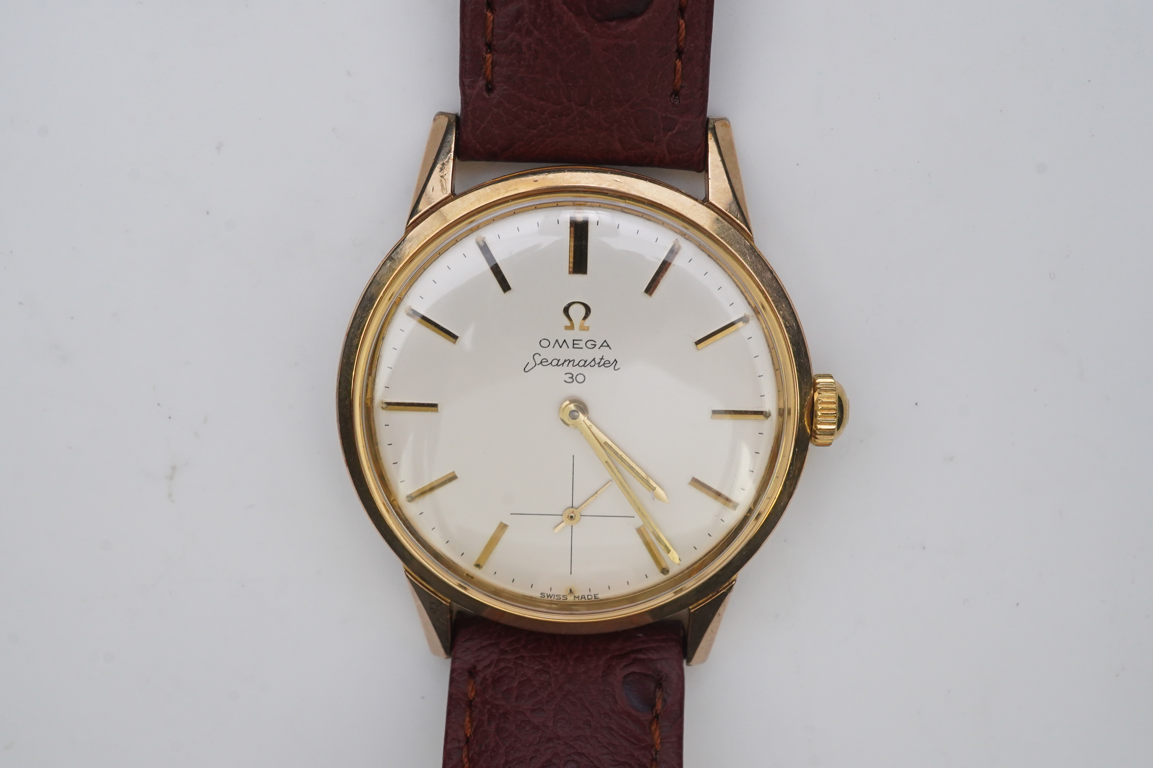A gentleman's early 1960's steel and gold plated Omega Seamaster 30 manual wind wrist watch, on a later associated leather strap